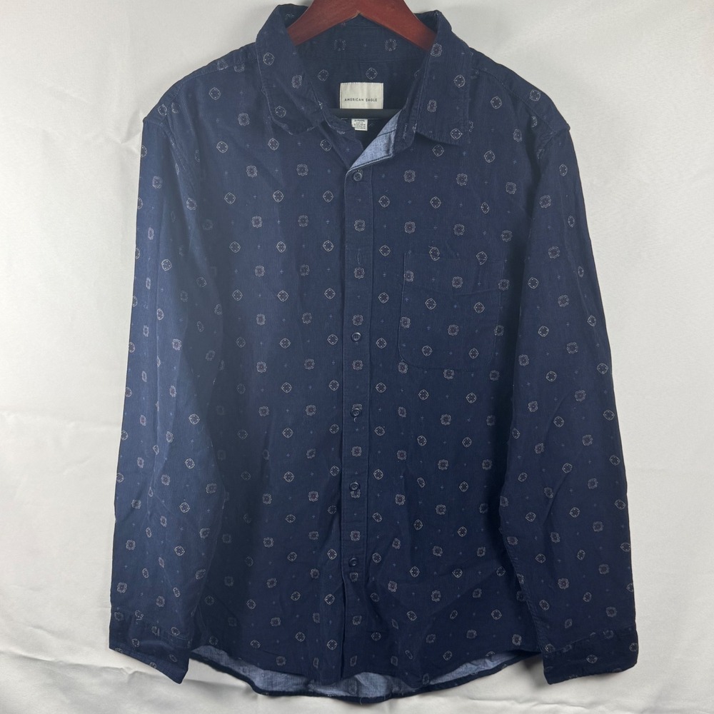 American Eagle Mens XL Navy Blue Corduroy Medallion Print Button Down Shirt